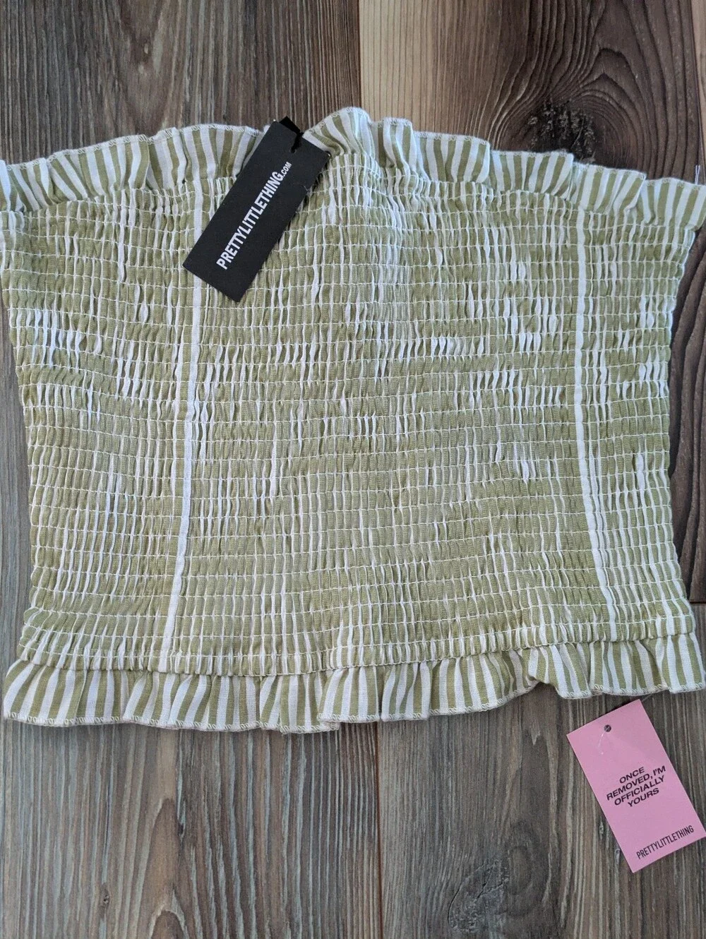 PRETTY LITTLE THING Sage Pinstripe Bandeau Frill Edge Shirred Top Co-ord 2 NWT